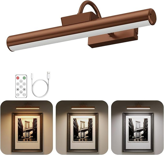 Picture Light Battery Operated, 13in Wireless Art Light for Paintings, Dimmable 5000mAh Recharging Battery Picture Light with Remote Control for Wall, Gallery Dartboard (Orange Copper -1Pack)