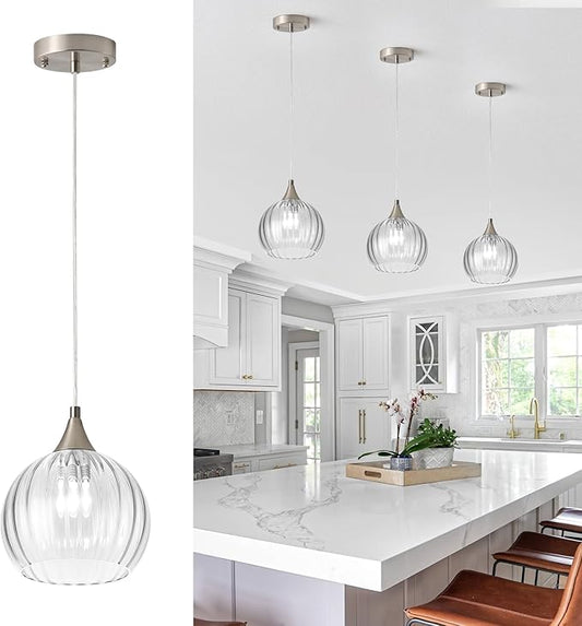 Brushed Nickel Pendant Lights Kitchen Island, Globe Pendant Light Fixtures with 8 Inch Clear Glass Shade, Modern Hanging Light Fixtures for Kitchen, Bedroom (1 Pack - Clear Glass Pendant Light)