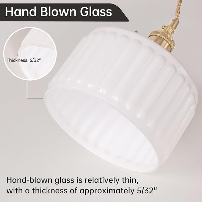 Plug in Pendant Light Hanging Light Fixture Corded On/Off Switch Brass Pendant Light with White Striped Glass Lampshade for Bedroom Living Room Kitchen Island