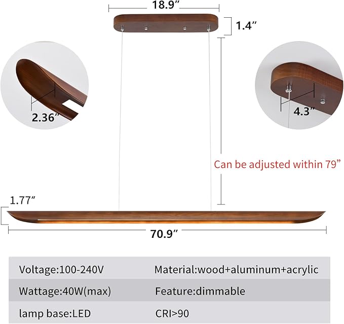 71" Wood Linear Pendant Light, Dimmable Kitchen Island Lighting with Remote, 40W LED Island Lights for Kitchen, Adjustable Linear Chandelier for Dinning Room Light Fixture, Bar, Pool Table Light