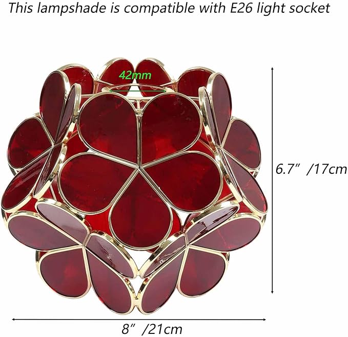 Bieye Tiffany Style Stained Glass Flower Petal Lampshade (Deep Red, 8" Cherry Blossom)