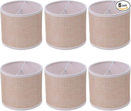 Wellmet Small Chandelier Lamp Shades Brown Set of 6, Rustic Style Linen Drum Shades for Wall Lamp, Hardback Clip on Lamp Shades for E12 Candle Bulbs, 5.5"x 5.5" x 5"
