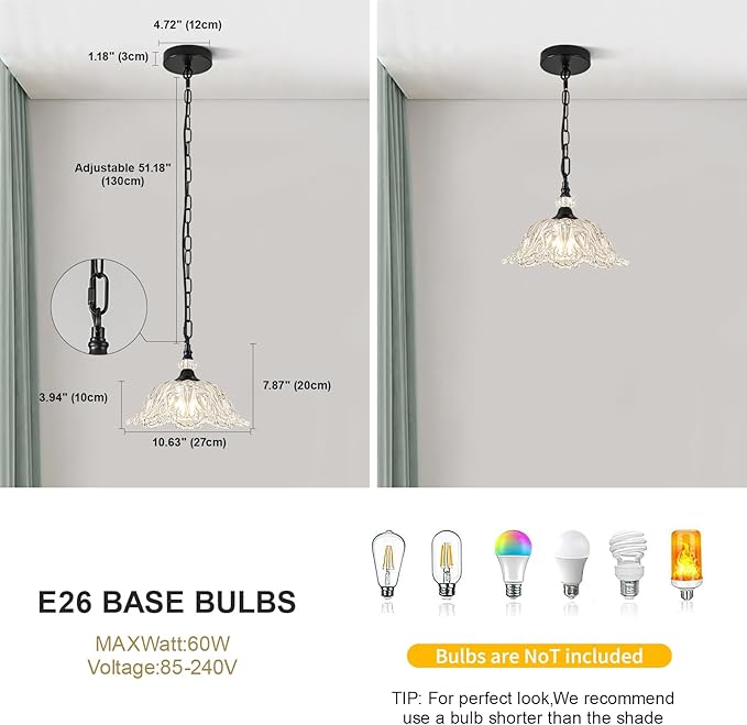 1 Piece Black Chandelier Light Fixtures with Crystal Glass Shade, Black Farmhouse Pendant Light,Hanging Light for Dining Room,Hallway,Living Room,Bedroom