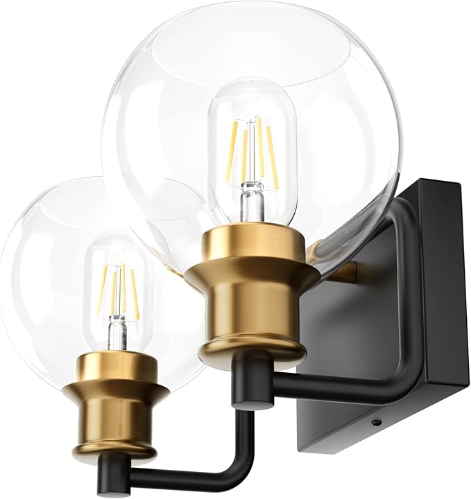 Tipace 2 Lights Vintage Bathroom Vanity Light Fixtures Over Mirror Black & Gold Industrial Vanity Lights with Globe Clear Glass Farmhouse Wall Sconces Fixture(Exclude Bulb)