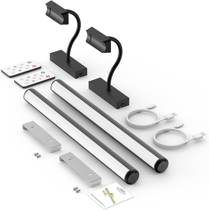 16in Wireless Picture Light with Remote, Battery Operated Picture Lights for Wall 5000mAh, 3 Color Modes and Dimmable LED Art Lighting with Timer for Painting, Frame, Gallery, Bedroom (Black-2Pack)