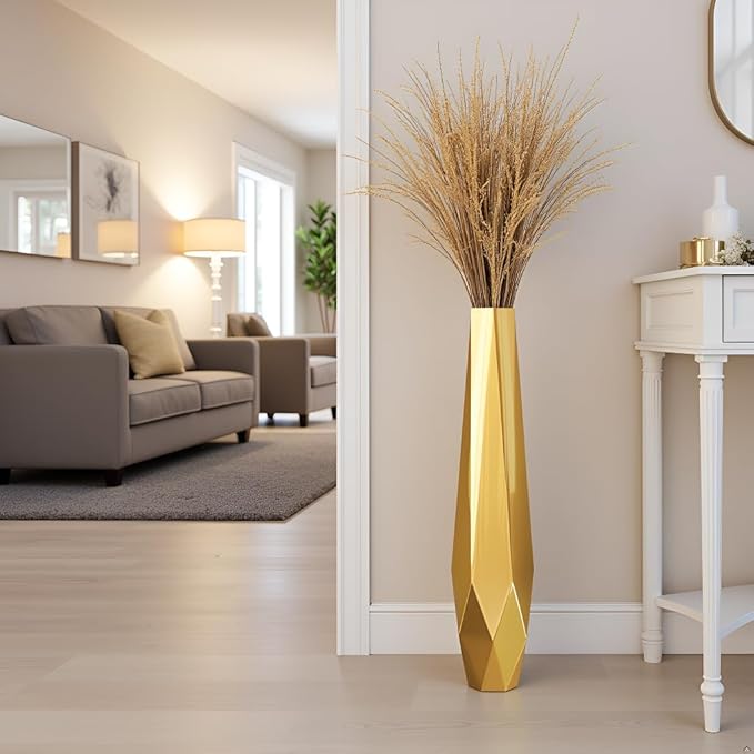 Tall Vases - 27.5" Tall Floor Vase for Home Decor, Resin Floor Vase with Handmade Dimensional Geometric Style, Fits Into Hay/Pampas Grass, Boho Living Room Decor (Gold)