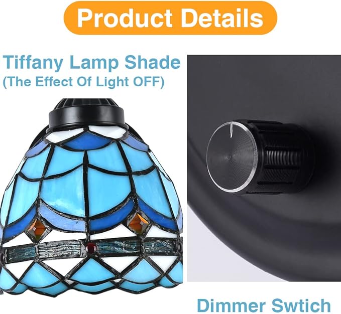 Tiffany Bedside Wall Mount Lamp with Dimmable Switch, Industrial Vintage Gooseneck Wall Sconce with Plug in Cord, Wavy Blue Stained Glass Shade Wall Light Perfect for Bedroom, Living Room