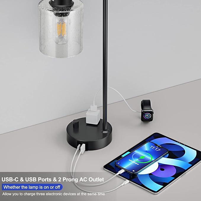Industrial Bedside Table Lamp for Bedroom - Nightstand Lamps with USB C Charging Port, Fully Dimmable Black Ports and Outlets, Small Desk Glass Shade Office Living Room