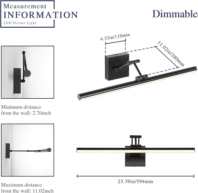 Joossnwell Picture Light for Painting Black Art Light Hard-Wired Picture Frame Light 23.62 Inch Dimmable Gallery Wall Light with Adjustable Swing Arm for Painting Library Museum Warm White