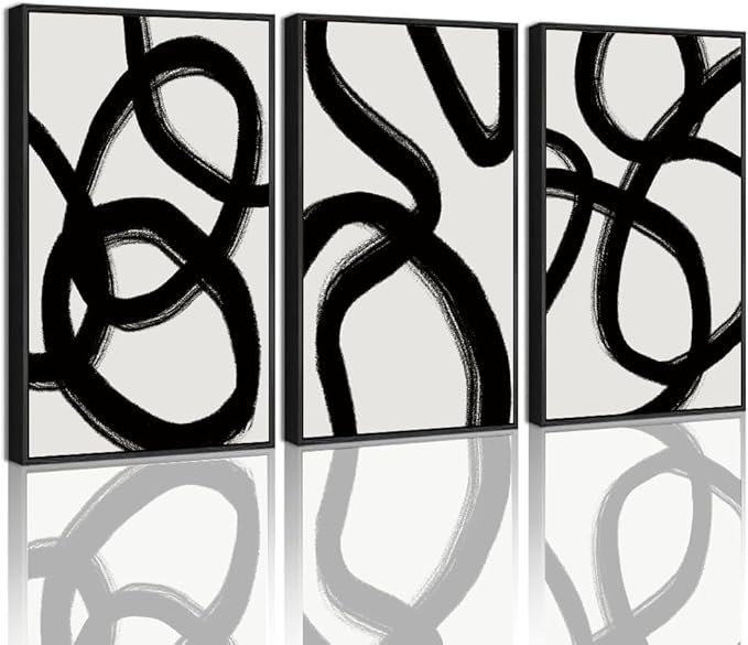 KUVIOKE Black and White Abstract Framed Wall Art Minimalist Ink Wash Lines Painting Artwork for Bedroom Hallway 11x14in (Black Framed)