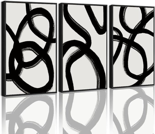 KUVIOKE Black and White Abstract Framed Wall Art Minimalist Ink Wash Lines Painting Artwork for Bedroom Hallway 11x14in (Black Framed)