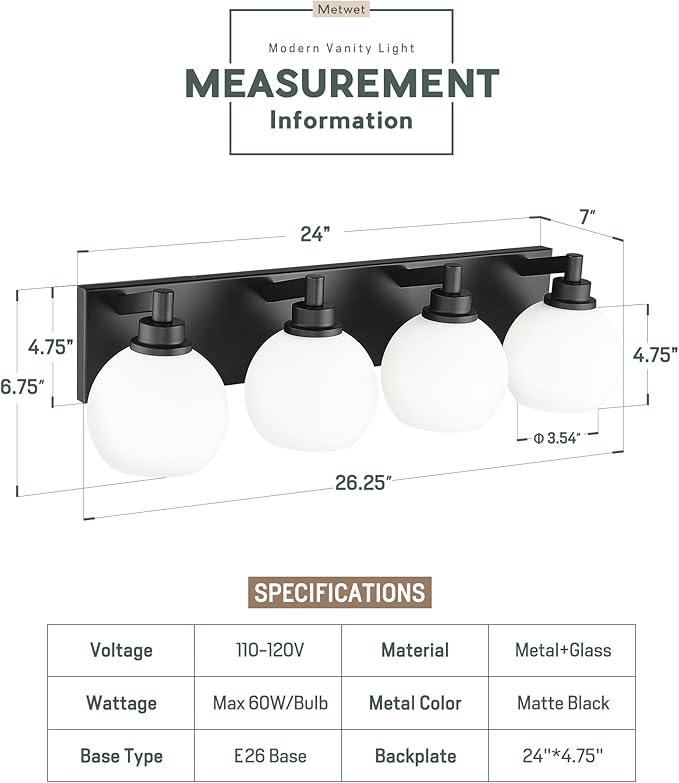 Bathroom Light Fixtures, 4 Light Matte Black Vanity Light, 26 Inch Modern Wall Sconces with Globe Milk White Glass Shade, Vanity Lighting Fixtures Over Mirror, VL195-MB-ML-4