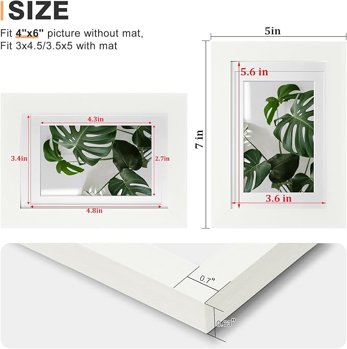 Egofine 4x6 Picture Frames 4PCS Covered by Plexiglass for Picture 3x4.5/3.5x5 with Mat or 4x6 whitout Mat Made of Solid Wood for Table Top Display and Wall Mounting Photo Frame, White with Texture