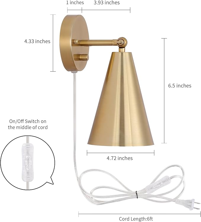 MWZ Gold Wall Sconces Set of Two Plug in,Brass Modern Dimmable Sconces Adjustable Angle Lights with Metal Shade and Dimmer On/Off Rotary Switch, Wall Mounted Light for Bedroom Bedside Stairway