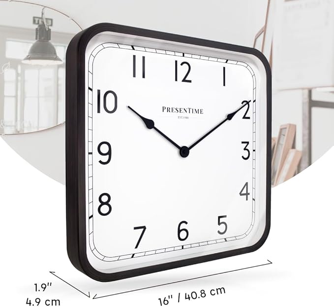 Presentime & Co. 16" Anton Modern Farmhouse Square Clock, Silent No Ticking, Wall Art and Timepiece for Home Decoration/Wall Décor, Oil Rubbed Bronze Color