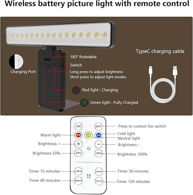 2Pack Picture Light Battery Operated with Remote, LED Painting Light for Art with 3 Lighting Colors & Dimmable, LED Art Display Accent Light on Wall for Pictures Dartboard Photo Frame Portrait