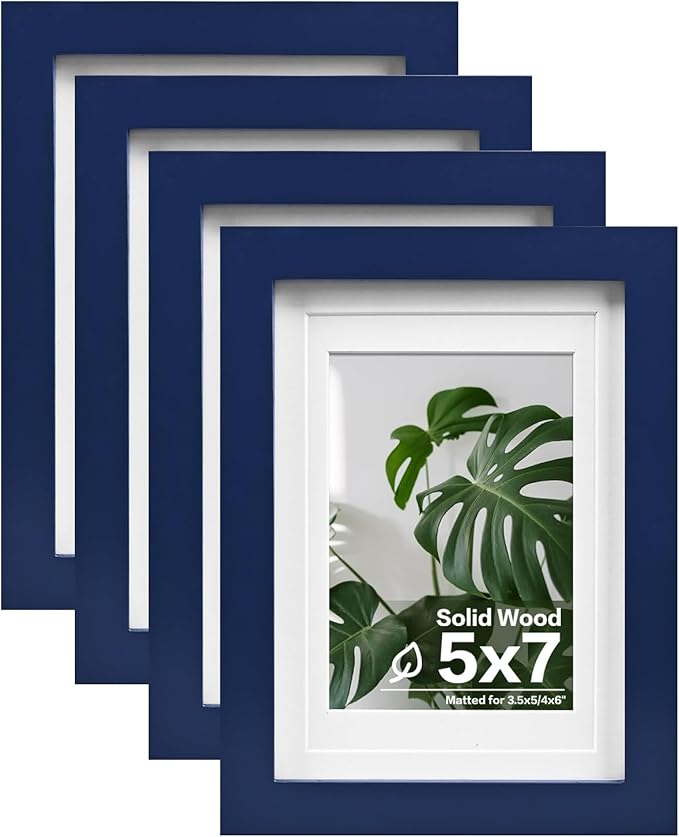 Egofine 5x7 Picture Frame 4PCS Made of Solid Wood, Display Picture 3.5x5/4x6 with Mat or 5x7 Covered by Plexiglass for Table Top Display and Wall Mounting Photo Frame, Navy Blue