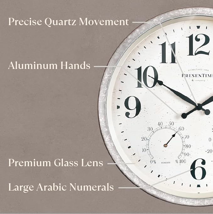 Presentime & Co 16" Farmhouse in/Outdoor Clock with Thermometer&Hygrometer as All in One Weather Station, Galvanized Décor, Wall Art and Timepiece for Farmhouse Decoration, Light Galvanized Finish