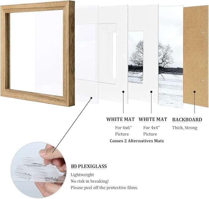 Egofine 8x8 Picture Frames with Plexiglass, Display Pictures 4x4/6x6 with Mat or 8x8 Without Mat Set of 4 for Tabletop and Wall Mounting, Carbonized Brown