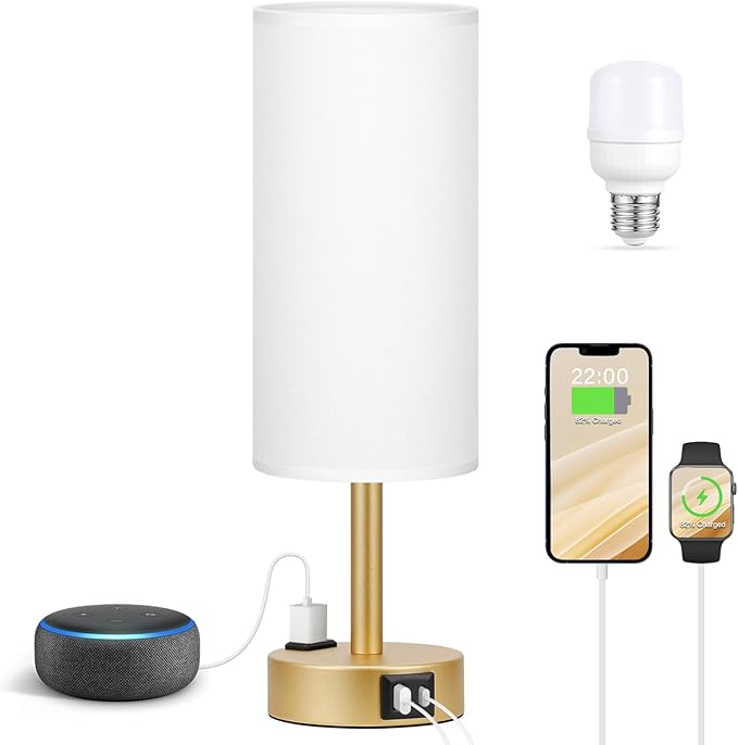 Gold Touch Lamp for Bedroom- 3 Way Dimmable Bedside Lamp USB C A Charging Ports and AC Outlet, Small Table Lamp White Linen Lampshade for Gift, LED Bulb Included