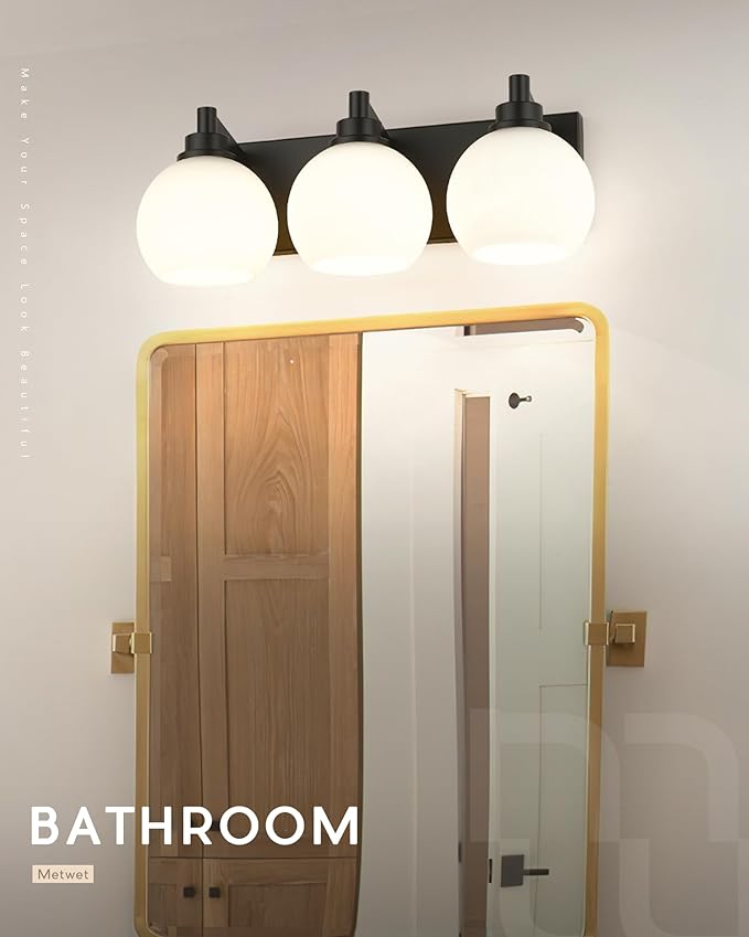 Bathroom Light Fixtures, 3-Light Matte Black Vanity Light, Modern Wall Sconces with Milk White Globe Glass Shade, Vanity Lighting Fixtures Over Mirror, VL195-MB-ML-3