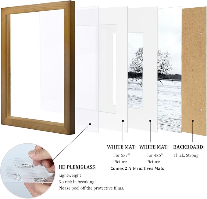 Egofine 8x10 Picture Frames 4 Pack, for Pictures 4x6 or 5x7 with Mat Made of Solid Wood Covered by Plexiglass for Table Top Display and Wall Mounting Photo Frames, Light Brown