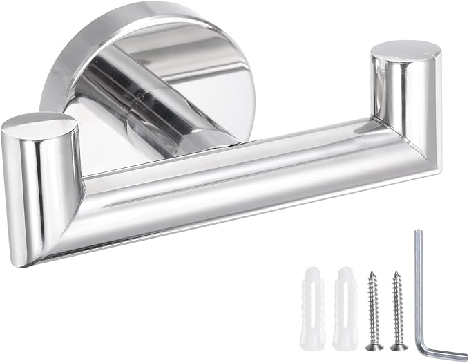 uxcell Double Towel Hook, Stainless Steel Coat Hook, Wall Mount Robe Hooks Hand Towel Hanger for Bathroom Kitchen Living Room, Bright Silver