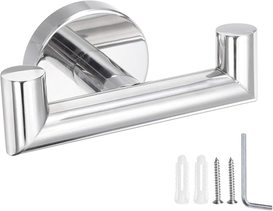 uxcell Double Towel Hook, Stainless Steel Coat Hook, Wall Mount Robe Hooks Hand Towel Hanger for Bathroom Kitchen Living Room, Bright Silver