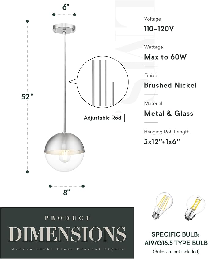 LMS Modern 1-Light Pendant Light Fixtures, Brushed Nickel Kitchen Island Pendant Light Fixtures with Clear Globe Glass, Adjustable Hanging Rod Ceiling Light for Dining Room Bathroom, LMS-186BNC