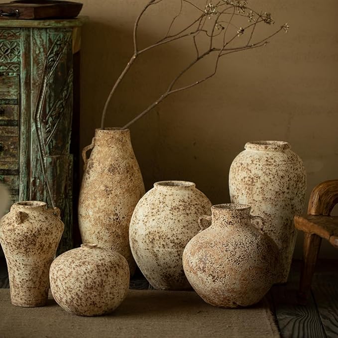 Ceramic Rustic Farmhouse Vase,Extra Large Terra Cotta Vase, Huge Pottery Decorative Flower Vases for Living Room Entryway Table Centerpiece Decor(12.5'' X 7.8'' x 7.8'') (Castle)