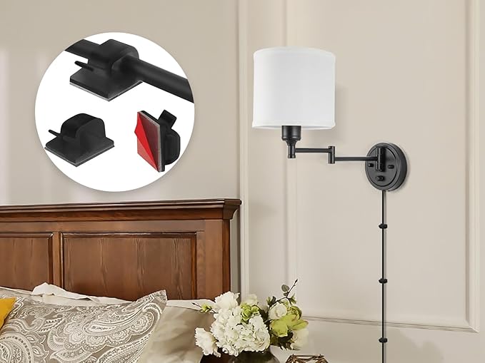 Plug in Wall Sconces with Remote Control, Dimming 10%-100% & Adjustable Colors 2700K-6500K, Hardwire or Plug-in, Swing Arm Wall Lamp with White Fabric Shade, Wall Sconces Set of Two, Black Finish