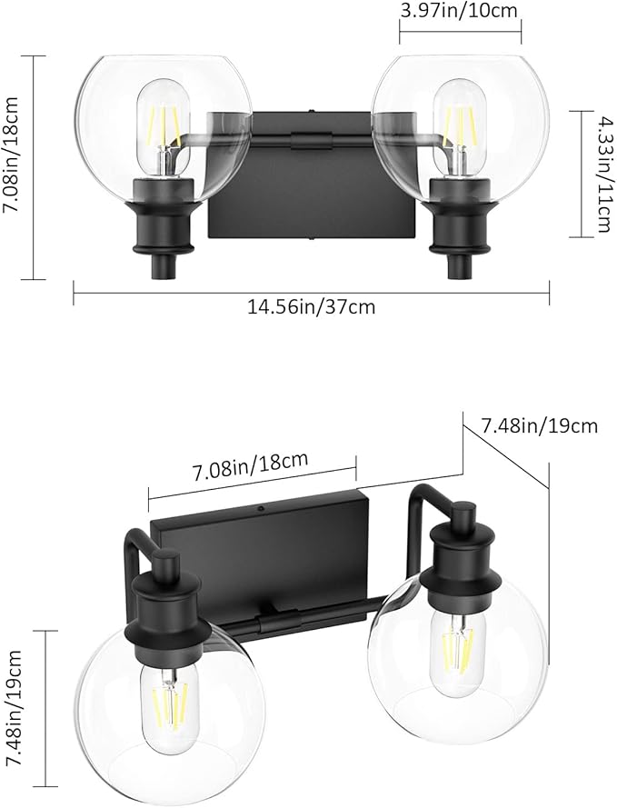 Tipace 2 Lights Industrial Bathroom Vanity Light Fixtures Over Mirror Black Vintage Vanity Lights with Globe Clear Glass Farmhouse Wall Sconces Fixture(Exclude Bulb)