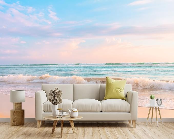 -Clear Waves Summer Beach Coastal Scenery Fabric Wallpaper Coastal Islands Living Room Bedroom Bathroom Boys Girls Kids Room Large Mural- 137"x96"（ not Peel and Stick）