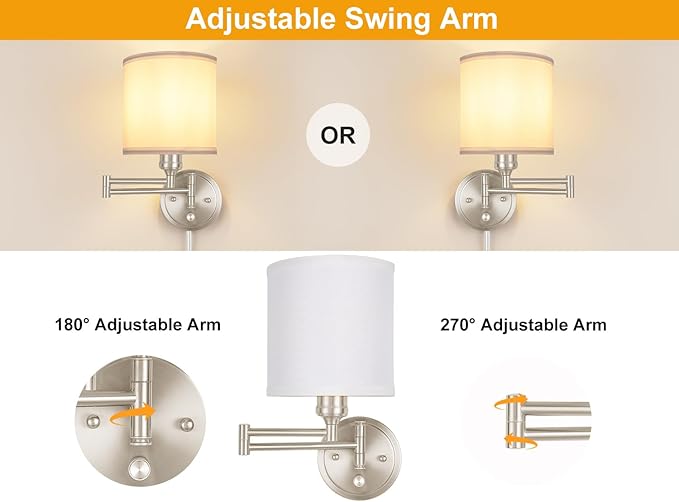 Plug in Wall Sconces with Remote Control, Dimming & Adjustable Colors 2700K-6500K, Hardwire or Plug-in, Swing Arm Wall Lamp with White Fabric Shade, Wall Sconces Set of Two, Brushed Nickel Finish