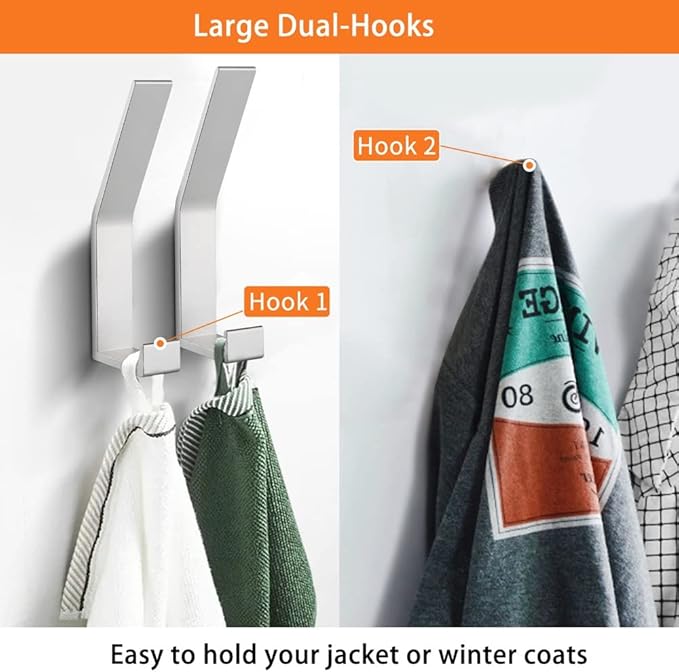 Coat Rack Hooks Wall Mounted, Silver 2Packs, Bath Towel Rope Hooks for Kitchen, Door, Cabinet, Bathroom, Foyers, Hallways, and Bedrooms