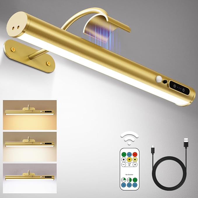 Hapfish Motion Sensor Battery Operated Wall Sconce, Wireless Picture Lights for Wall, Rechargeable Magnetic Art Lighting with Remote Control, Battery Picture Light for Poster Dartboard Mirror – Gold
