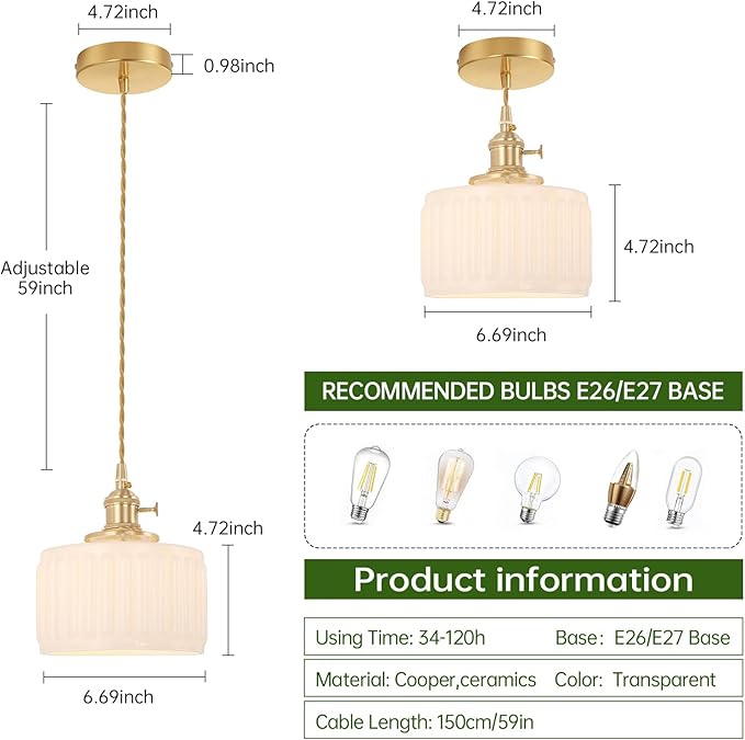 Battery Operated Pendant Light 5000mAh Rechargeable Chandelier with Remote Control Wireless Adjustable Hanging White Striped Light for Kitchen Island Dining Room Hallway, 2 Pack