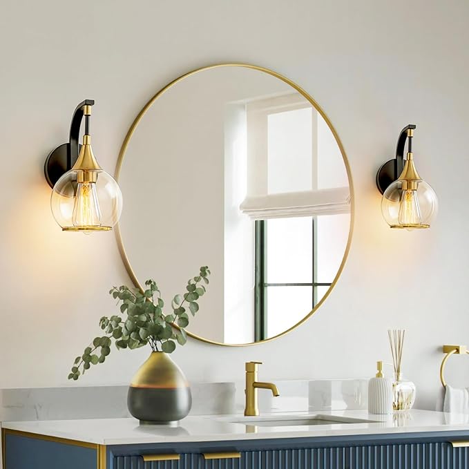 Indoor Wall Sconce, Black and Gold Wall Light Fixture with 4.9 Inches Clear Glass Shade, Bathroom Vanity Lights for Mirror, Bedroom, Hallway