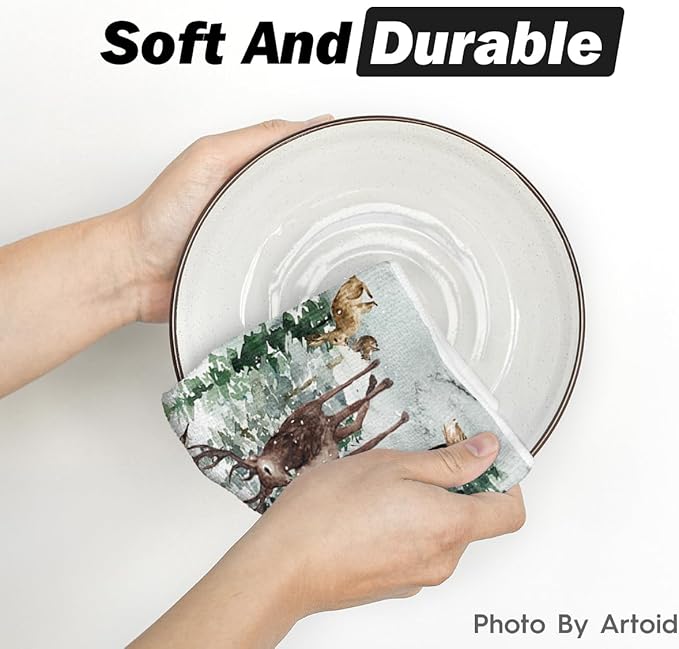 Artoid Mode Elk Trees Snow Hello Winter Kitchen Towels Dish Towels, 18x26 Inch Seasonal Christmas Decoration Hand Towels Set of 2