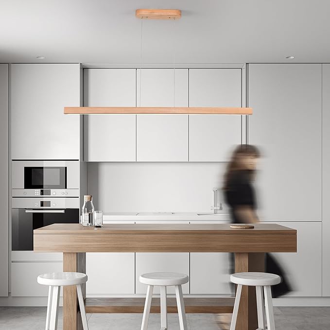 31" Wooden Linear Pendant Light LED Pendant Light Dimmable Pool Table Island Lights Modern Linear Chandeliers for Dining Room Kitchen Ceiling Pendant Lamp for Dining Room Kitchen Island Natural