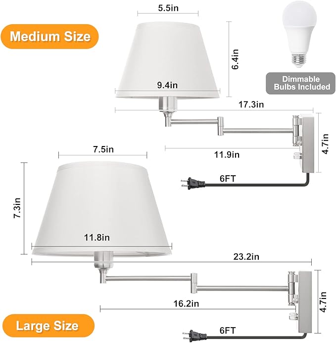 TRLIFE Dimmable Wall Sconce with Remote Control, Adjustable Color Temperature 2700K-6500K and Dimming 10-100% Swing Arm Wall Lights with Plug in Cord, 11.8" Large White Fabric Shade(2 Pack, 2 Bulbs)