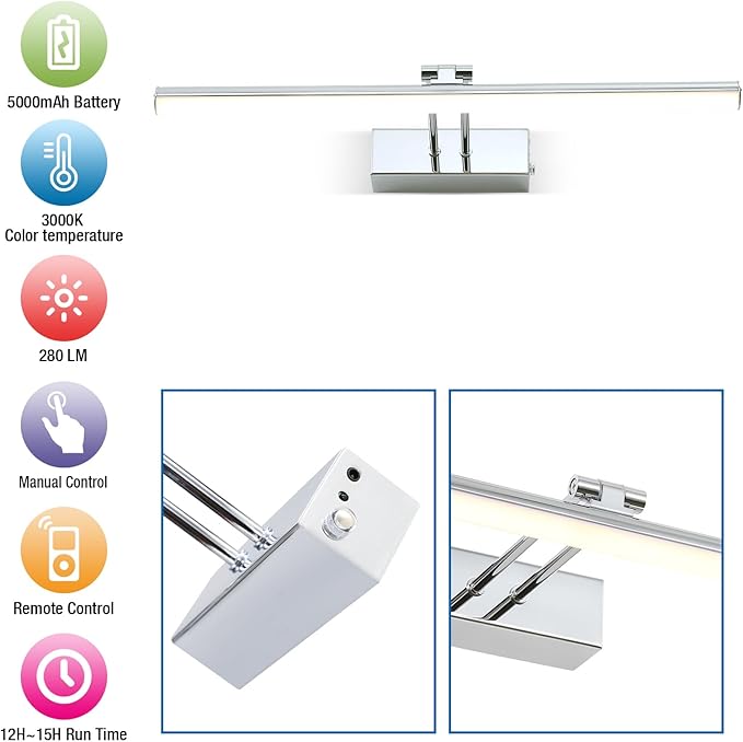 Battery Picture Light, 16 inch Wireless Picture Light for Painting with Remote,Full Metal Rechargeable Art Light,Wall Sconce Display Lighting for Portrait, Photo Frame,Gallery, (Chrome)