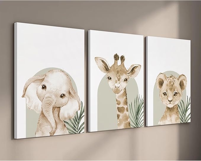 Animal Wall Art Pictures Baby Nursery Canvas Wall Art Decor Safari Animal Prints Jungle Kids Wall Art Woodland Nursery Wall Decor Giraffe Jungle Poster for Room 12x16 Inch Framed Set of 3