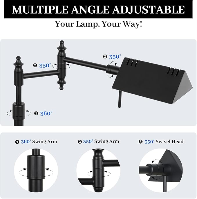 Dimmable Pharmacy Floor Lamp with Remote, 15W LED Reading Floor Lamp with 360°Swing Arm, 3 Color Temperature, Height Adjustable Black Standing Task Lamp for Living Room, Bedroom, Black