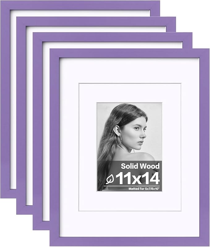 Egofine 11x14 Picture Frames 4PCS Covered by Plexiglass, Made of Solid Wood, Display Pictures 8x10/5x7 with Mat or 11x14 Without Mat for Table Top and Wall Mounting, Purple