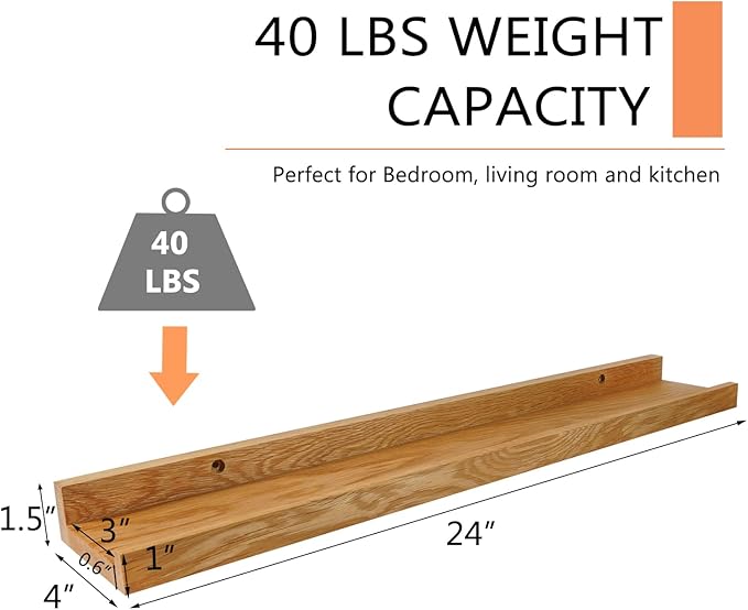 24 Inch Floating Shelves Wall Mounted, Rustic Wall Shelves for Decor and Storage, Natural Solid Oak Wood Shelf, Picture Ledge for Bedroom/Bathroom/Living Room/Kitchen, Natural Color, 24*4*1.5 (1 Pack)