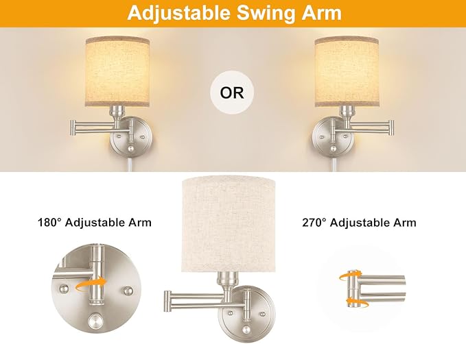 Plug in Wall Sconces with Remote Control, Dimming & Adjustable Colors 2700K-6500K, Hardwire or Plug-in, Swing Arm Wall Lamp with Linen Fabric Shade, Wall Sconces Set of Two, Brushed Nickel Finish