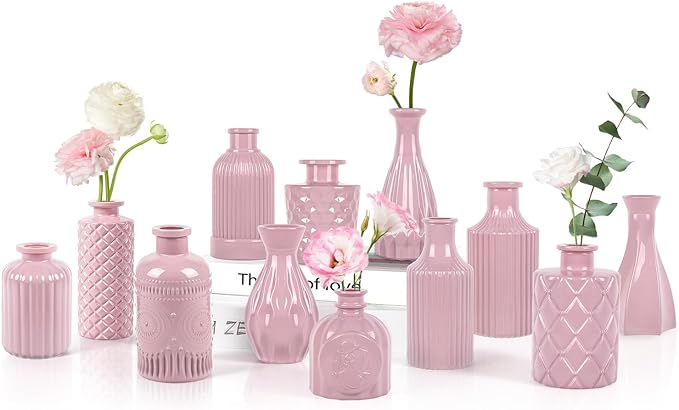 Blush Pink Glass Bud Vase Set of 12 – Mini Vintage Vases for Flowers, Centerpieces, Wedding & Home Décor