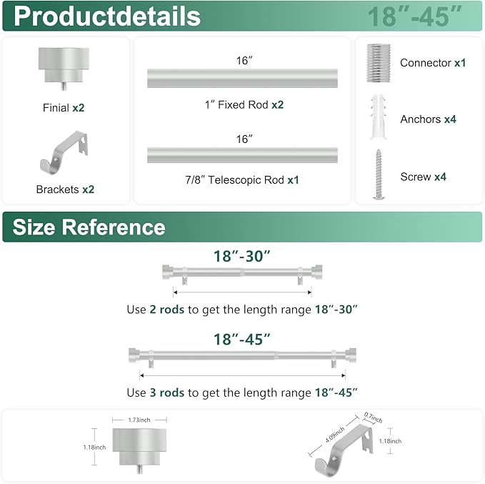 HEI! DEAR Silver Curtain Rods 28 to 48 Inch(2.3-4FT),1 Inch Heavy Duty Curtain Rods,Adjustable Curtain Rod,Modern Decorative Drapery Rods,Telescoping Single Window Curtains Rods 18-45",Antique Silver