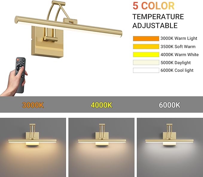 Tipace Hardwired Gold Picture Lights for Paintings - 15.7 inch 3CCT Dimmable Modern Gallery Light with Remote Control Led Wall Art Lighting Display Artwork